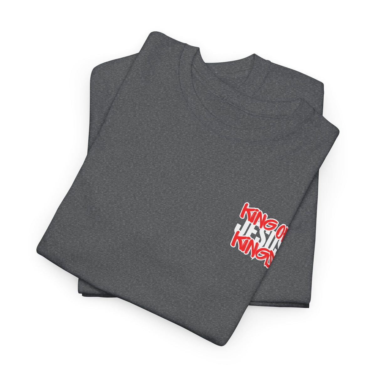 Graphite heather T-shirt with red and white "King of Kings" print