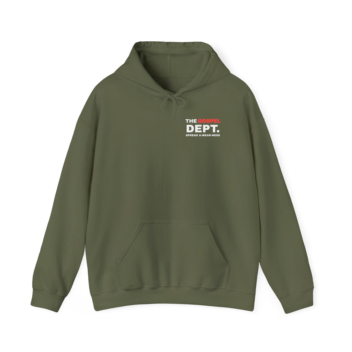 Olive hoodie with hood, drawstring, kangaroo pocket, and "THE GOSPEL DEPT" logo.