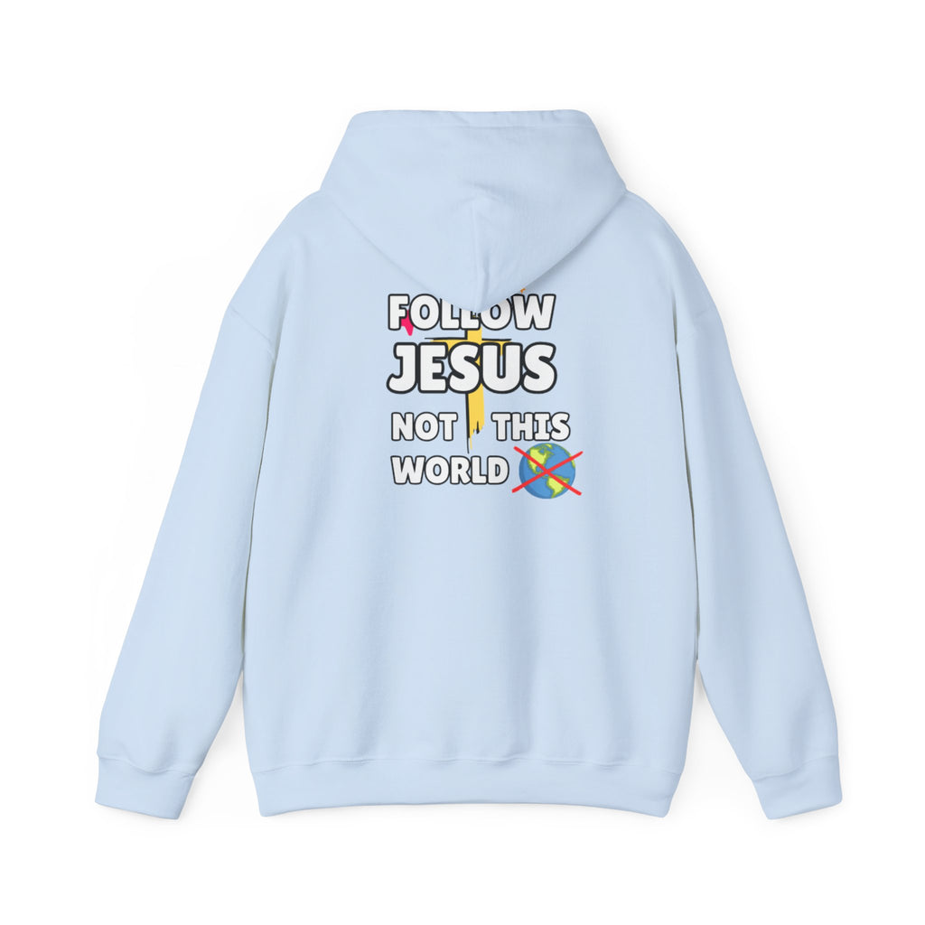Light blue hoodie with 'Follow Jesus' back print