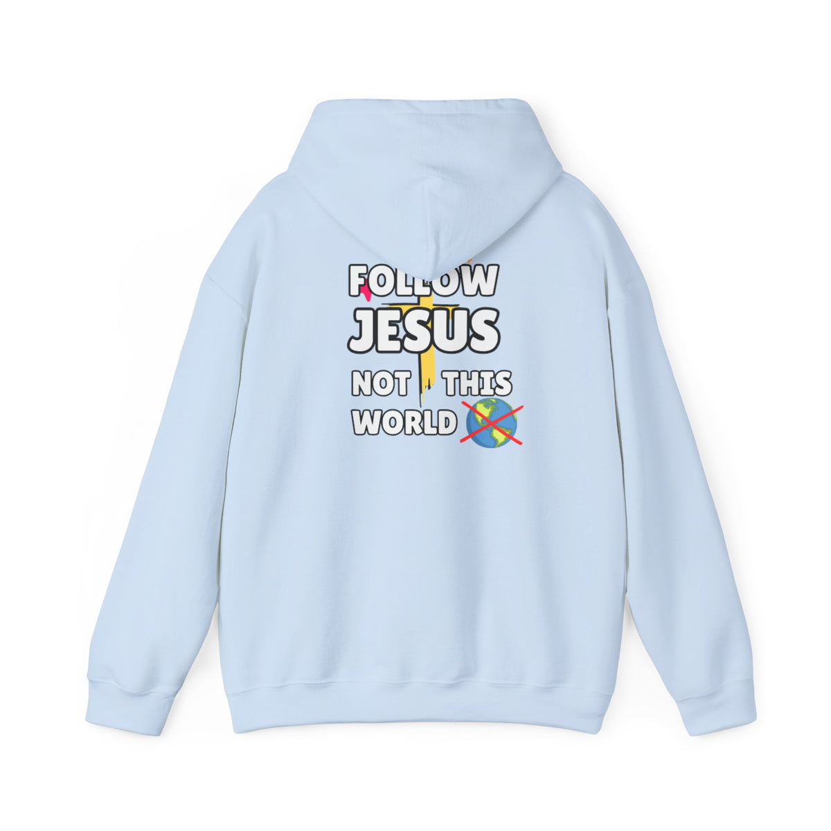 Light blue hoodie with 'Follow Jesus' back print
