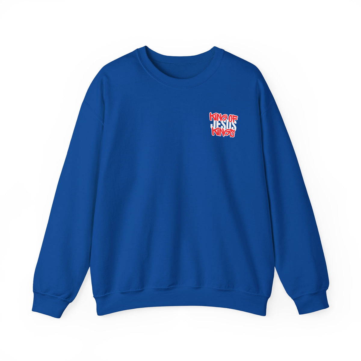 Royal blue crewneck sweater with small red graphic on left chest