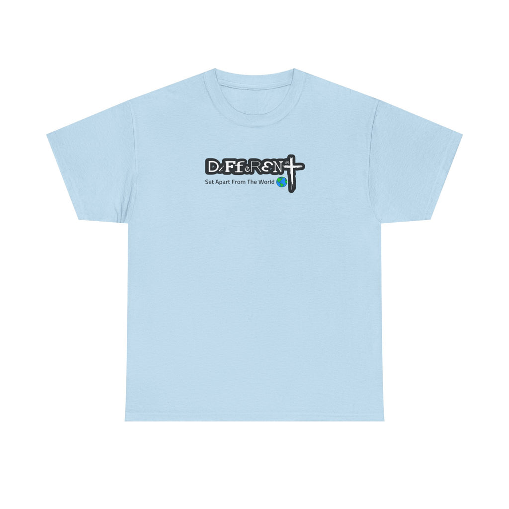 Light blue crewneck T-shirt with small front typographic logo graphic