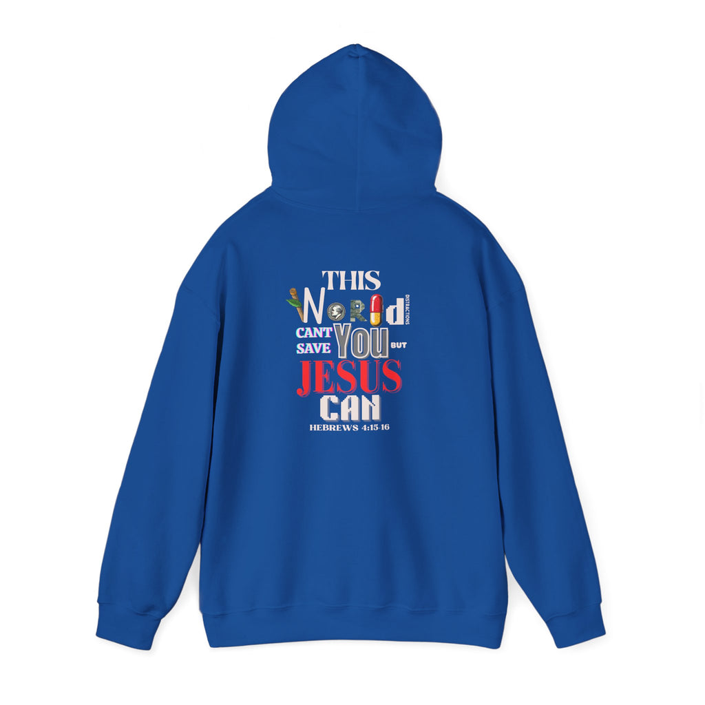 Blue hoodie with hood and kangaroo pocket, 'This World...Jesus can' back print