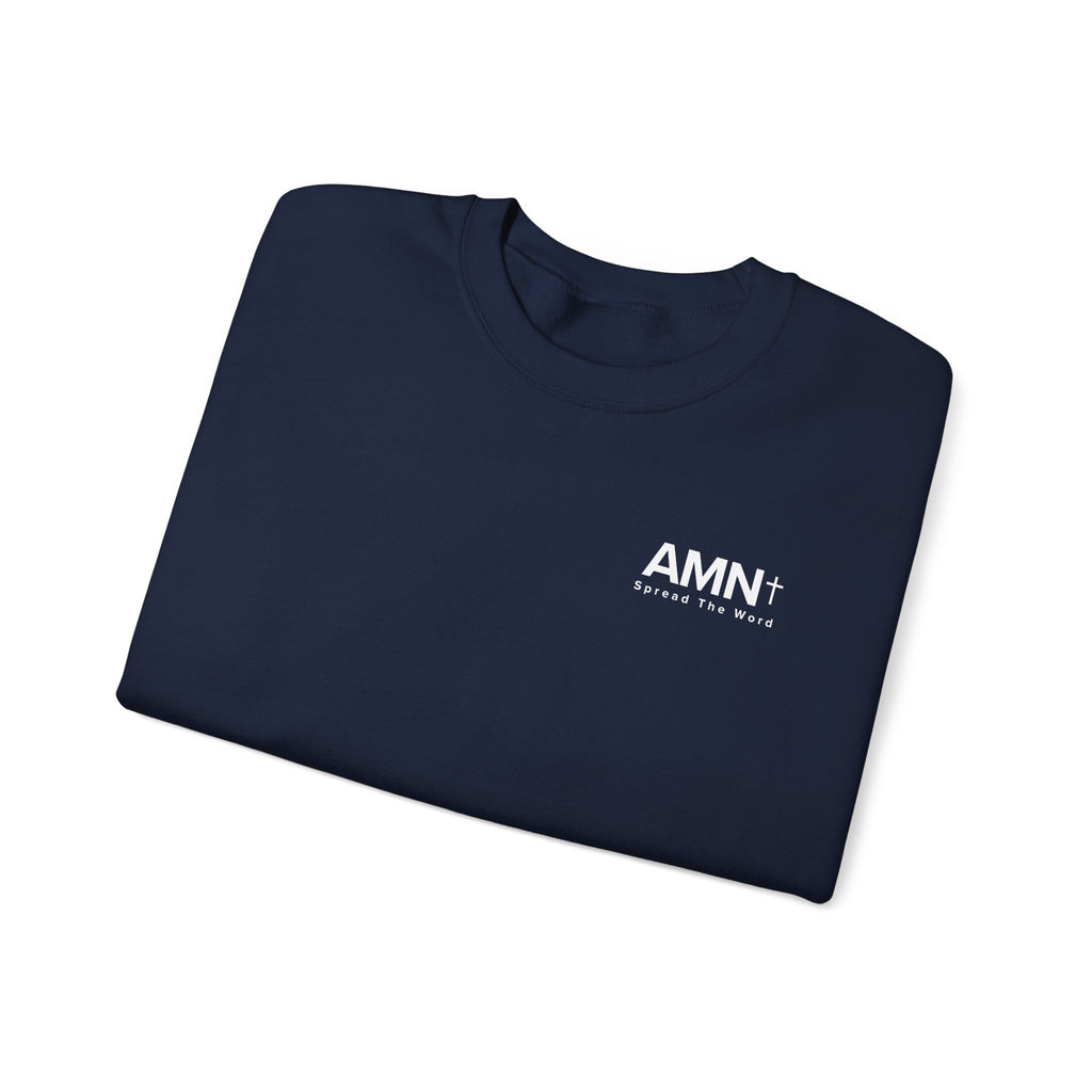 Navy crewneck sweatshirt with small AMN+ logo on front