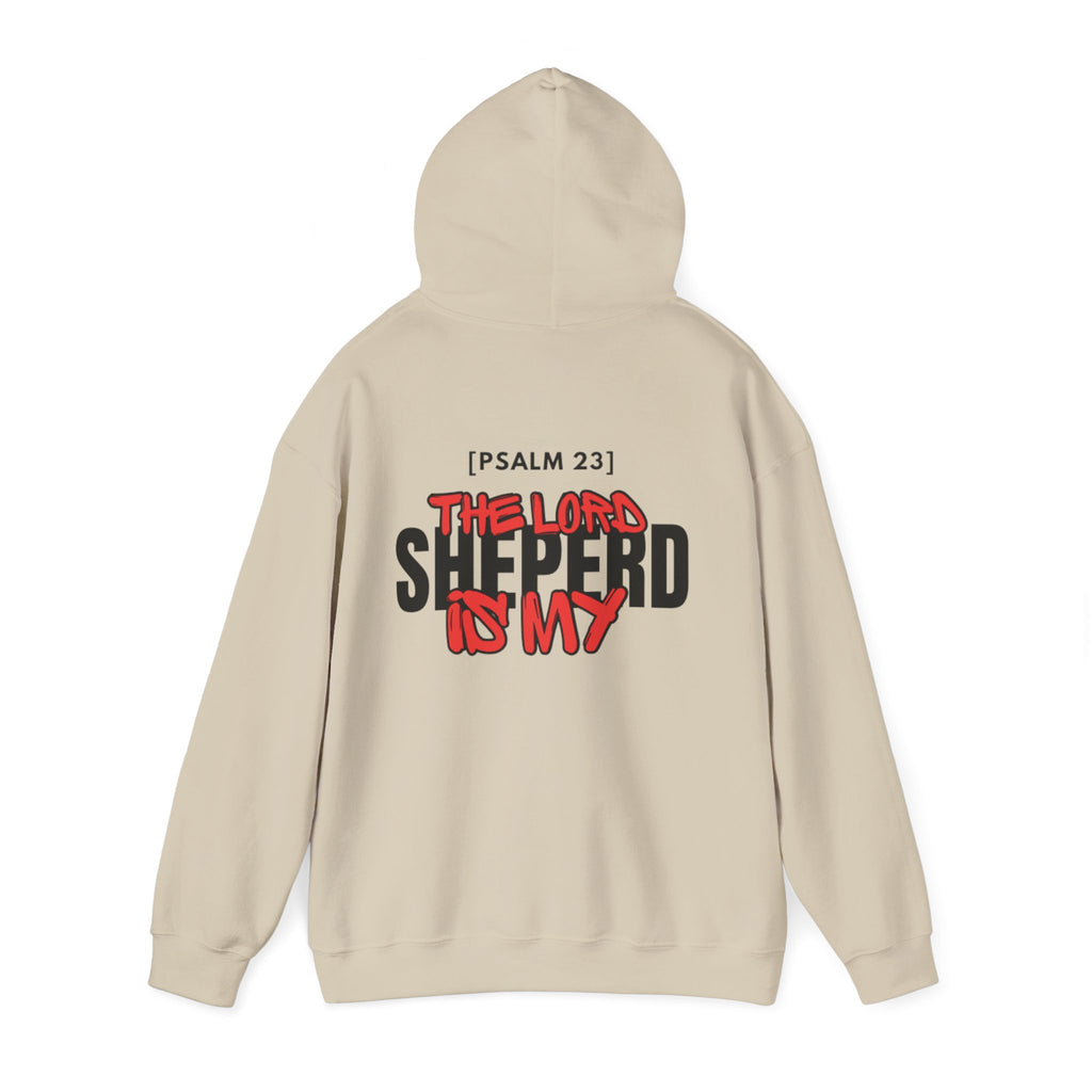 Light beige pullover hoodie with hood and [PSALM 23] back print design