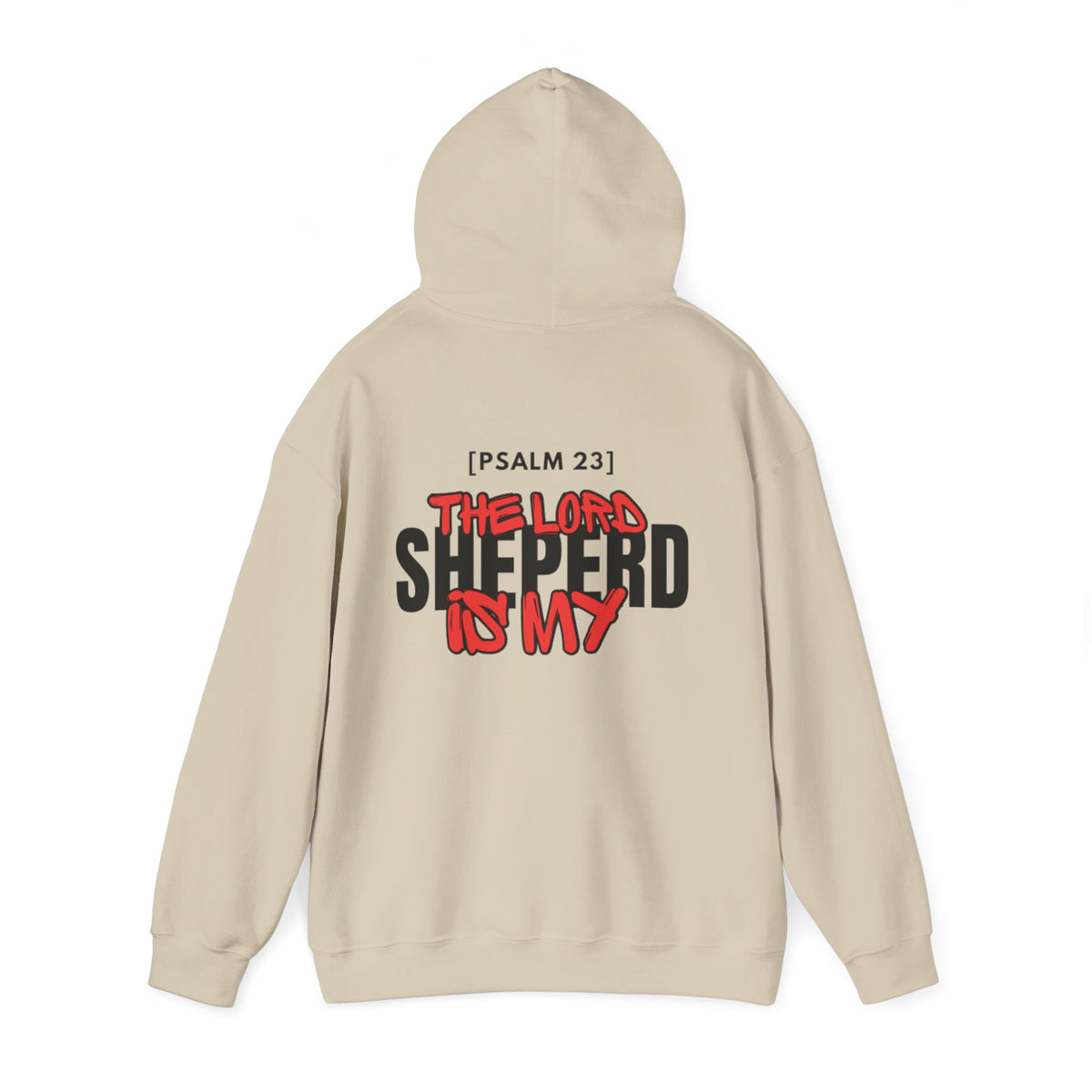 Light beige pullover hoodie with hood and [PSALM 23] back print design