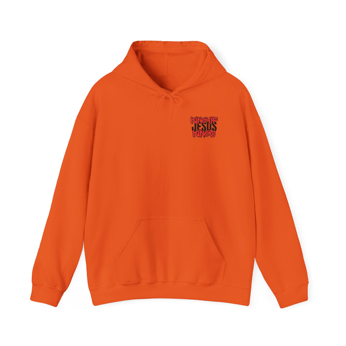 Orange pullover hoodie with front pouch pocket and small chest graphic