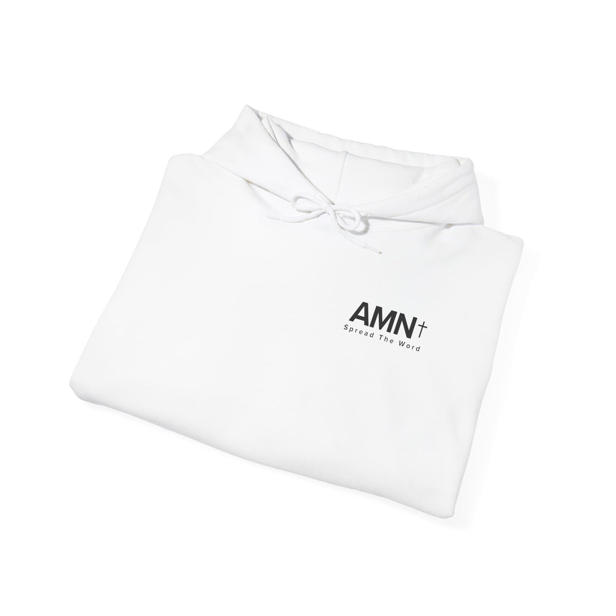 AMN+ white folded hoodie with drawstring hood and small AMN+ logo on chest.