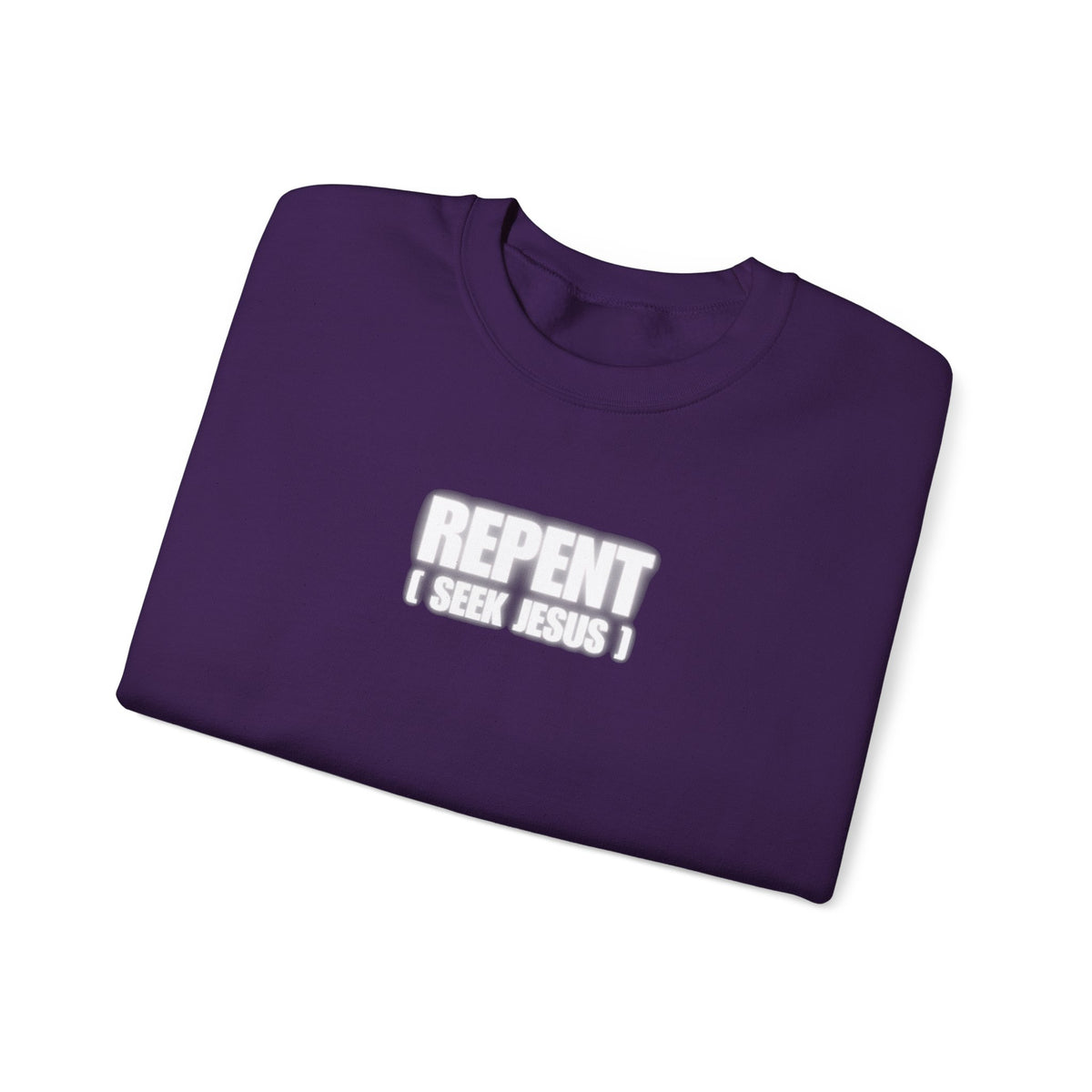 Purple Repent sweater with "REPENT I SEEK JESUS" graphic