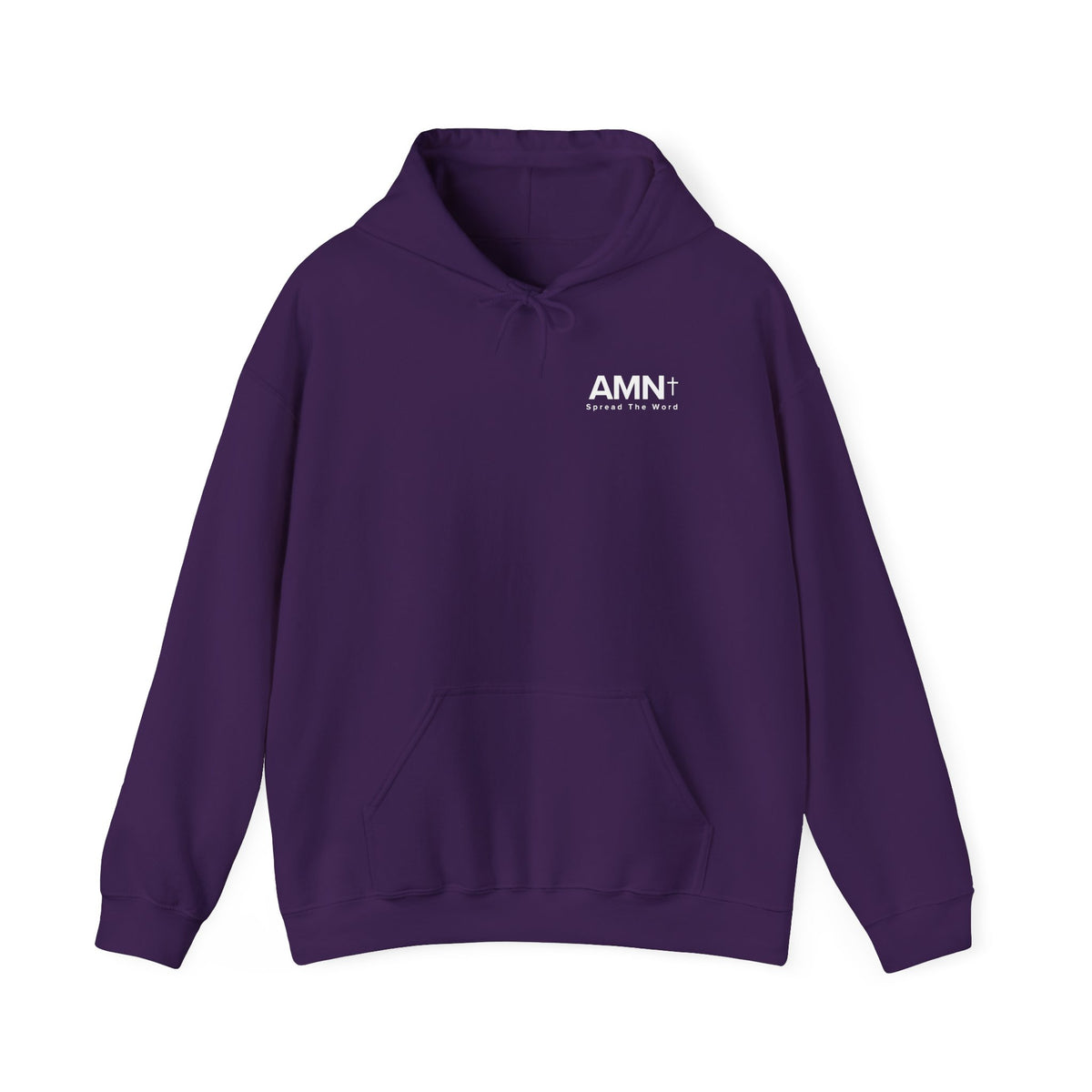 Purple pullover hoodie with front pouch pocket and drawstring hood, AMN+ logo.