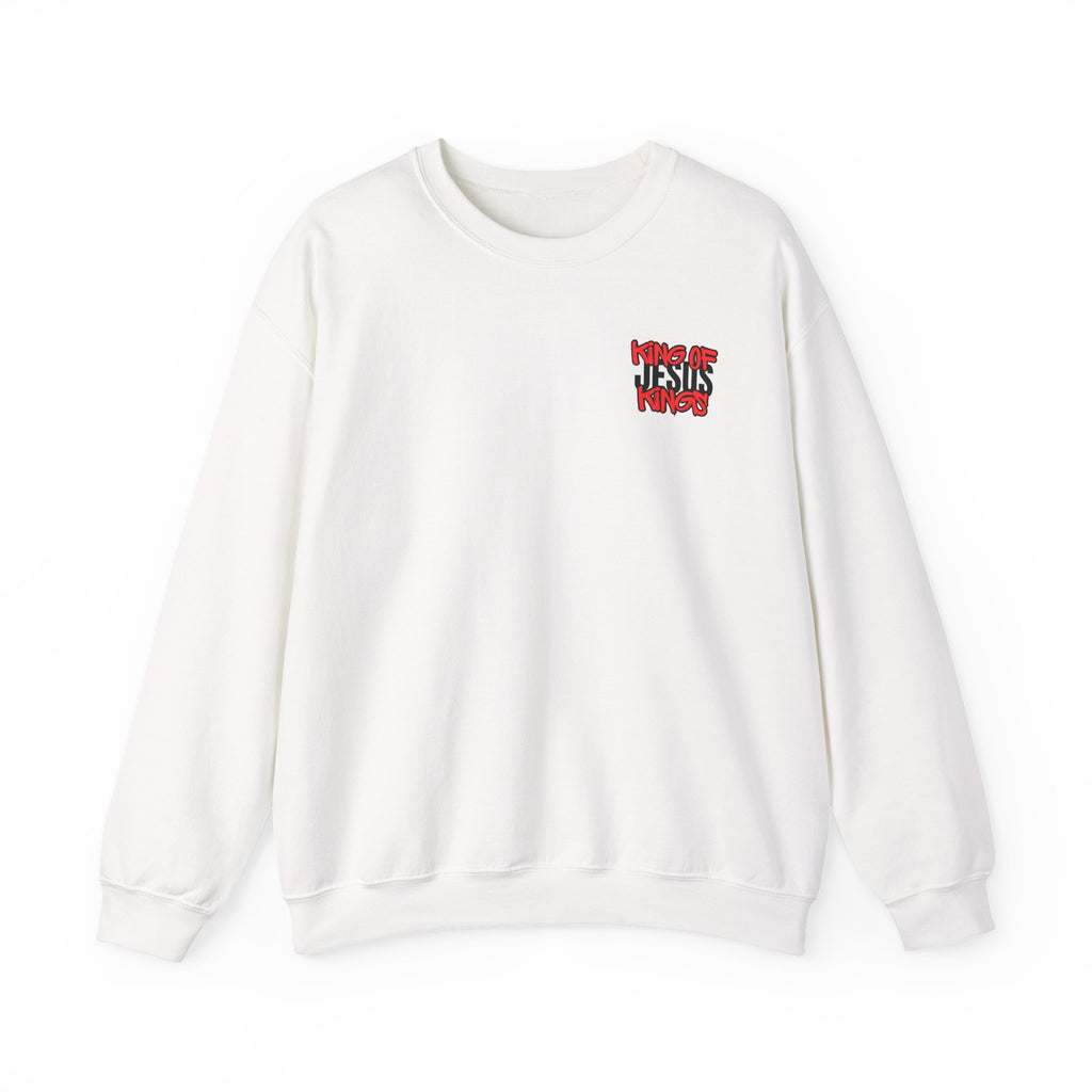 White crewneck sweater with small red graphic on left chest