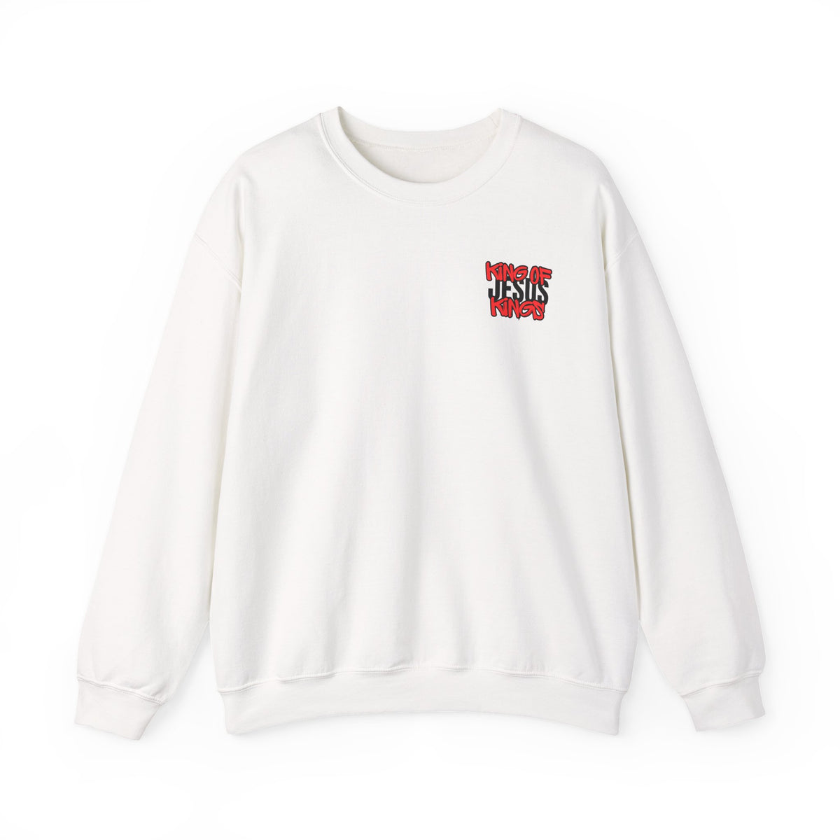 White crewneck sweater with small red graphic on left chest