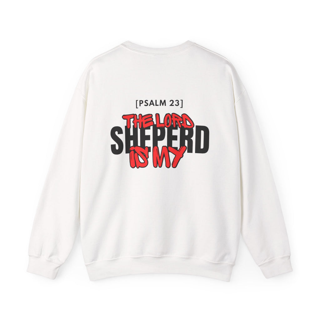White crewneck sweater with large back text graphic: “The Lord is My Shepherd”.