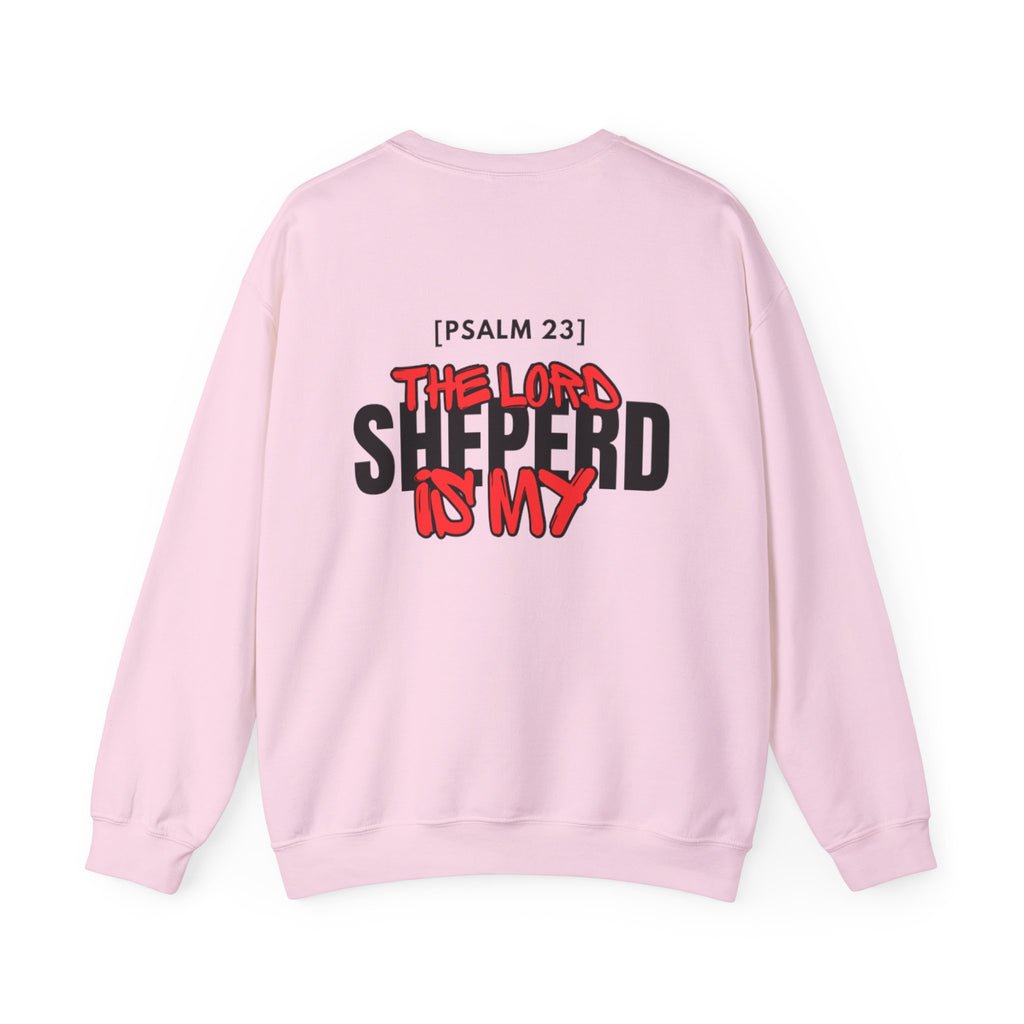 Light pink sweater with centered 'The Lord Shepherd is My' back graphic