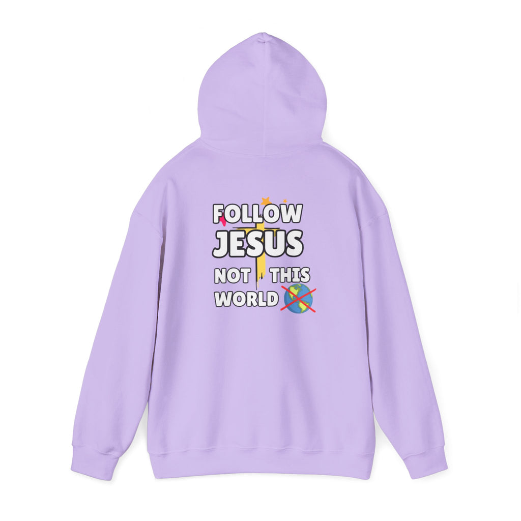 Lavender hoodie back view with hood and Follow Jesus Not This World graphic