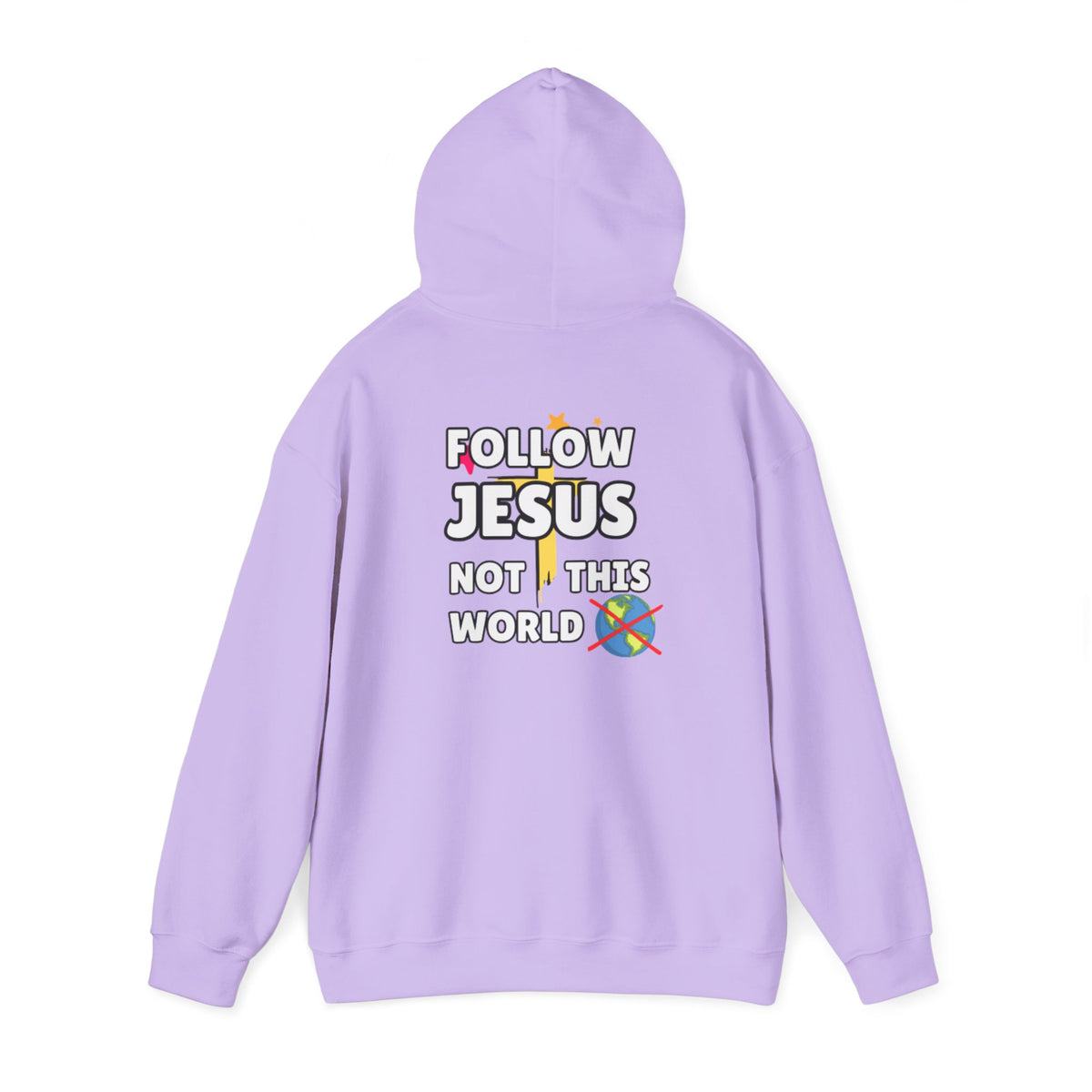 Lavender hoodie back view with hood and Follow Jesus Not This World graphic