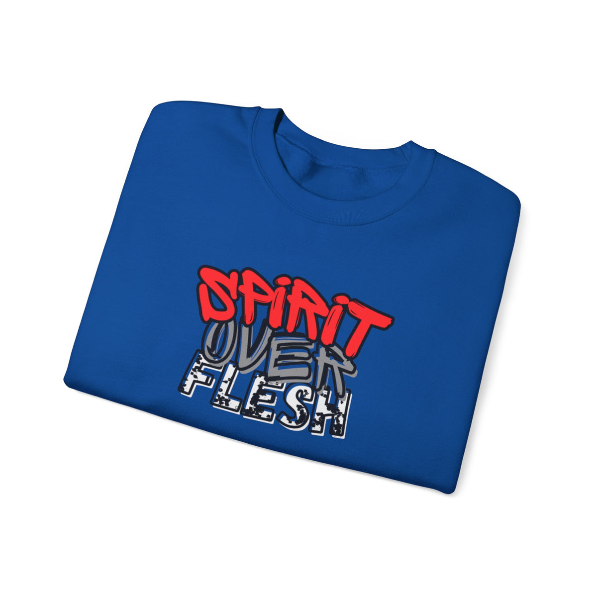 Royal blue sweater with red-and-white “Spirit Over Flesh” front graphic