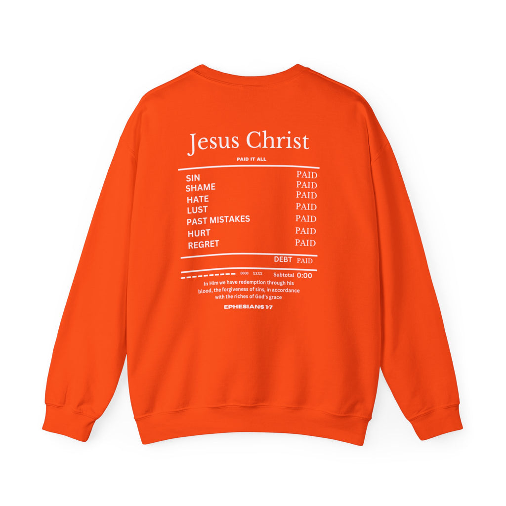 Orange crewneck sweater, back graphic with 'Jesus Christ' and paid/debt text