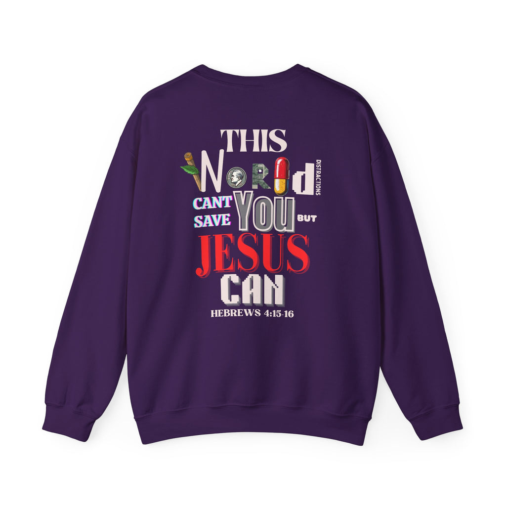 Purple crewneck sweater with colorful front religious graphic text