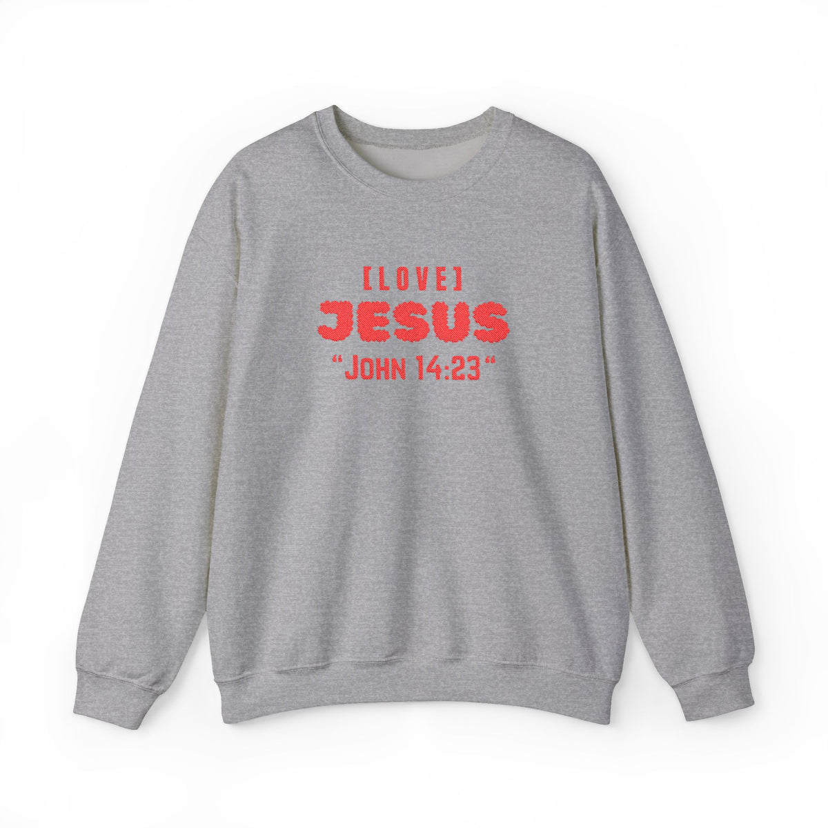 Sport grey crewneck sweater with "I LOVE JESUS" "JOHN 14:23" front print