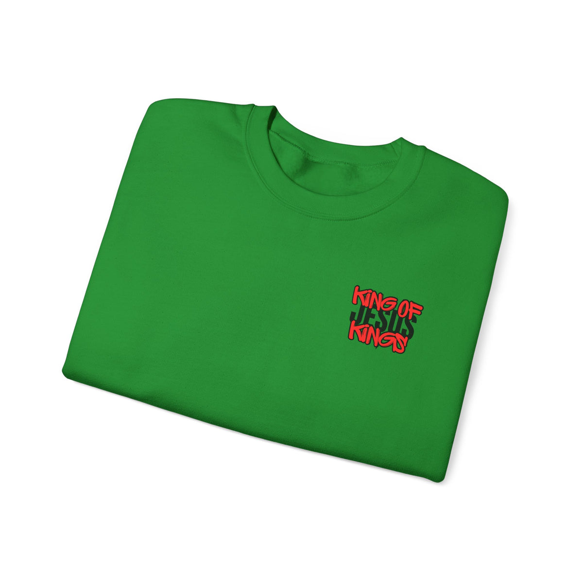 Green crewneck sweater with small red front graphic