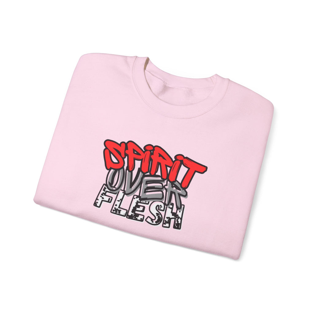 Light pink crewneck sweater with red and white graphic logo on chest