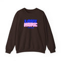 Love More sweater in dark brown, crewneck with blue LOVE graphic and pink plush-style shapes