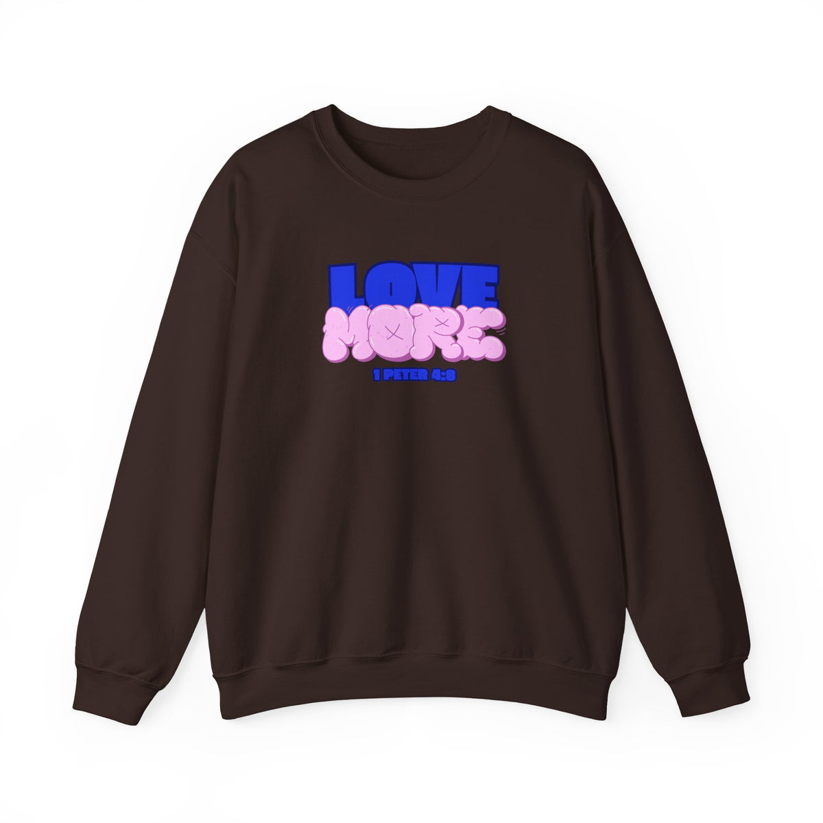 Love More sweater in dark brown, crewneck with blue LOVE graphic and pink plush-style shapes
