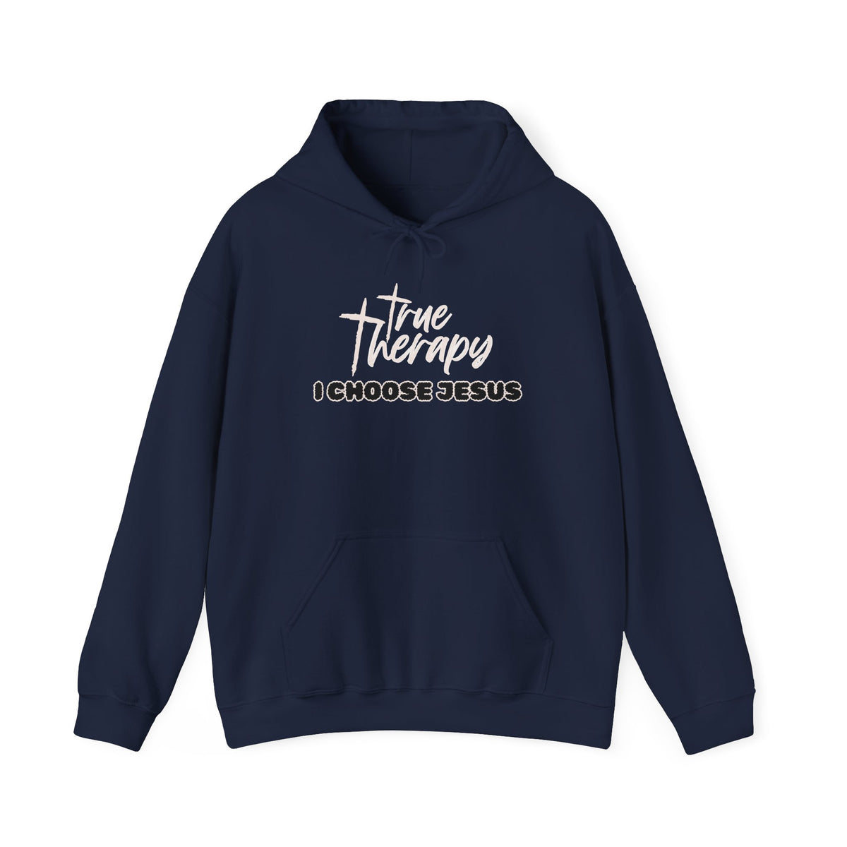 Navy hoodie with chest graphic logo and text "I choose Jesus"