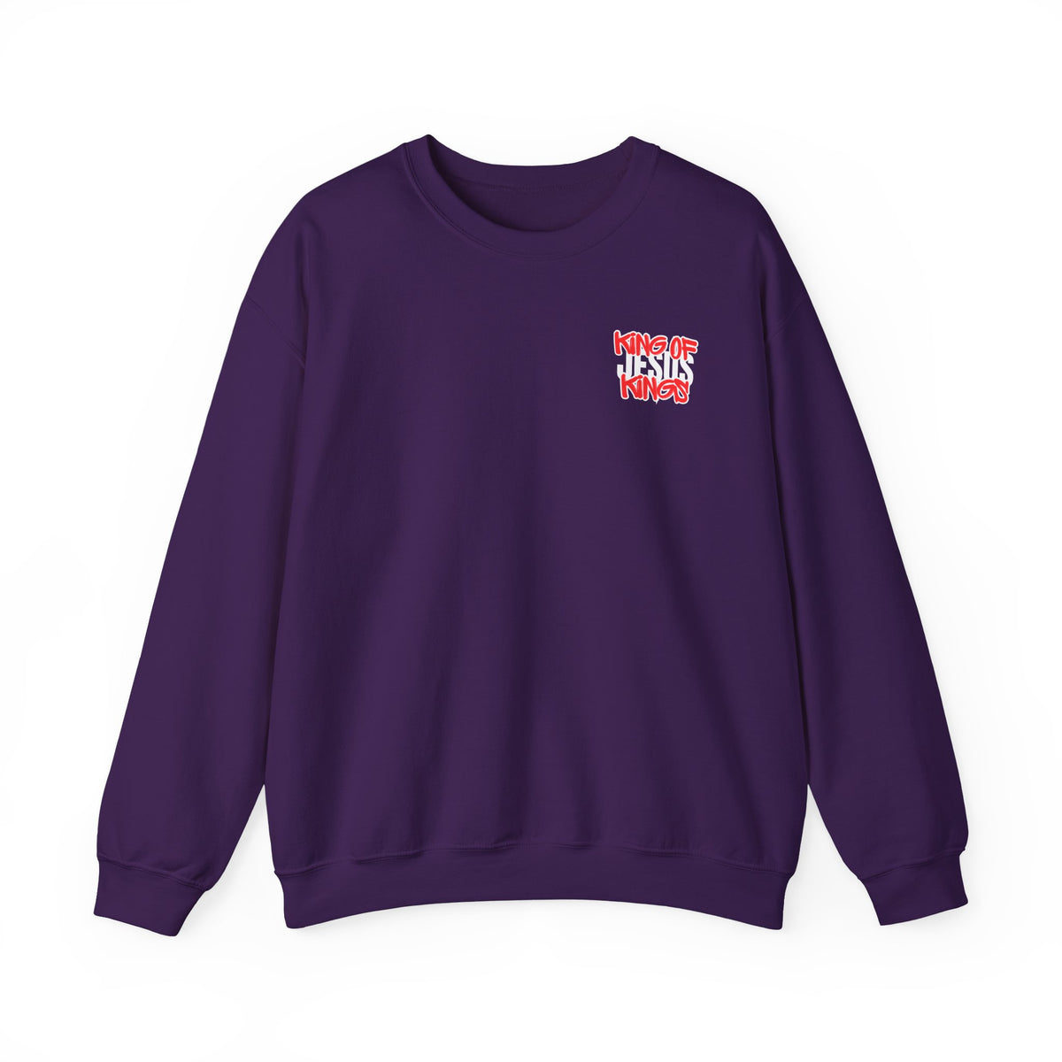 Purple crewneck sweater with small red and blue chest graphic on right side.
