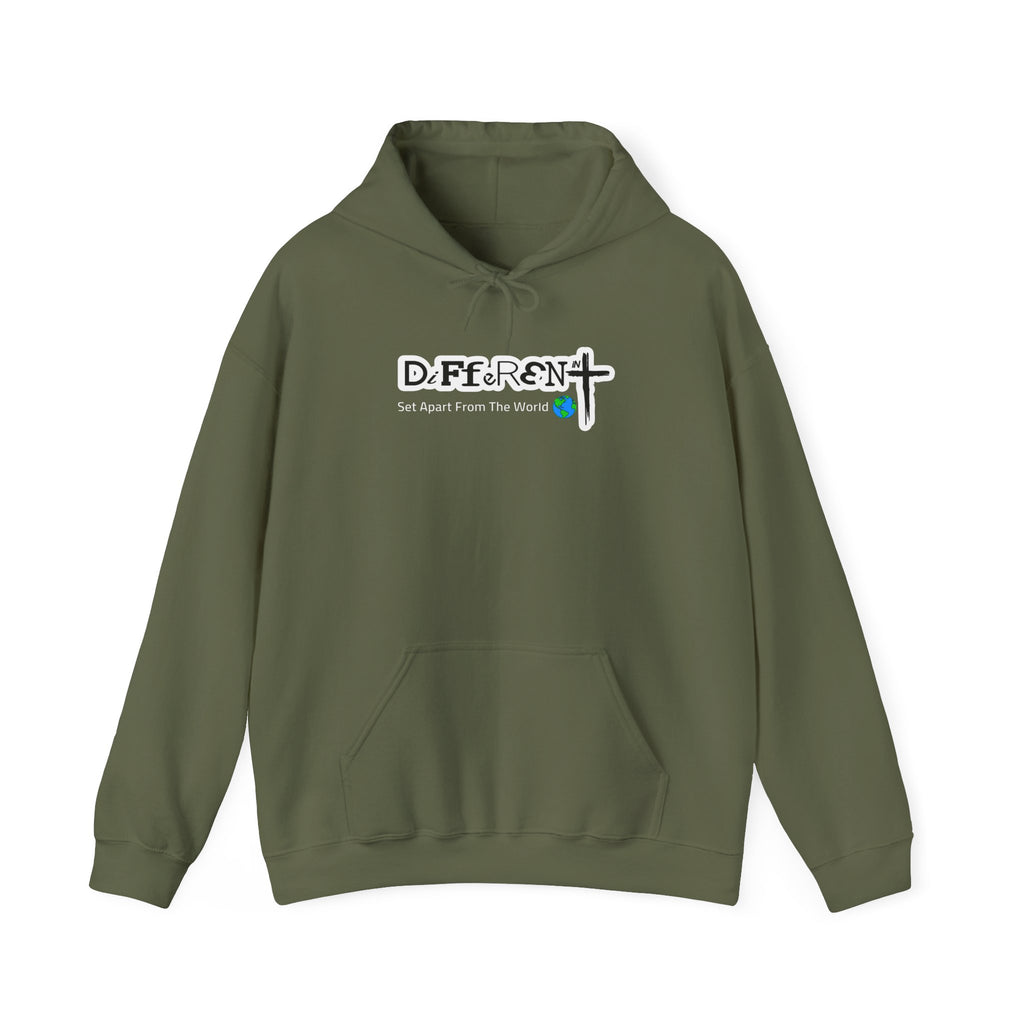 Moss green hoodie with drawstring hood and chest “DiFfeR3Nt” logo print
