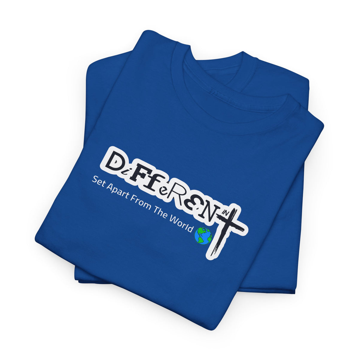 Royal blue T-shirt with DiFfeR3Nt front graphic and globe icon