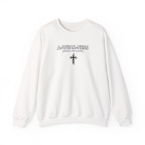 White crewneck sweater with front cross graphic