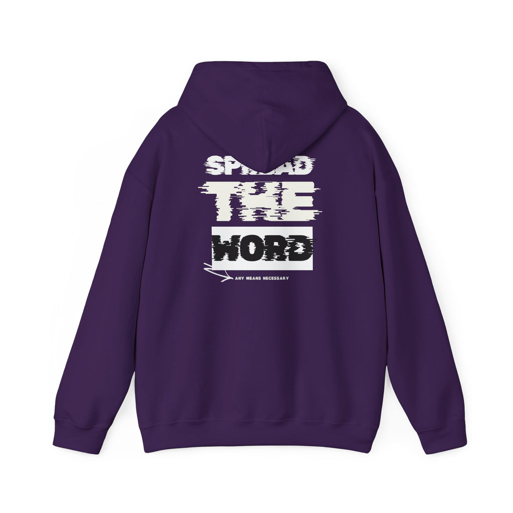 Dark purple hoodie with drawstring hood and large back “SPREAD THE WORD” print