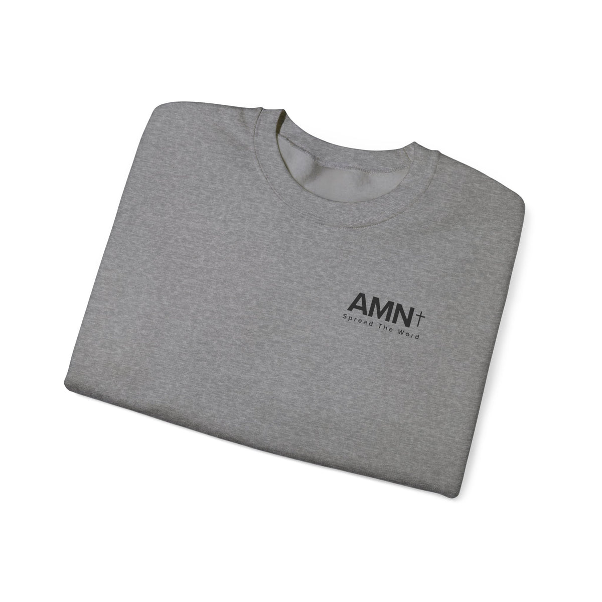 Heathery gray crewneck sweatshirt with AMN+ logo on front
