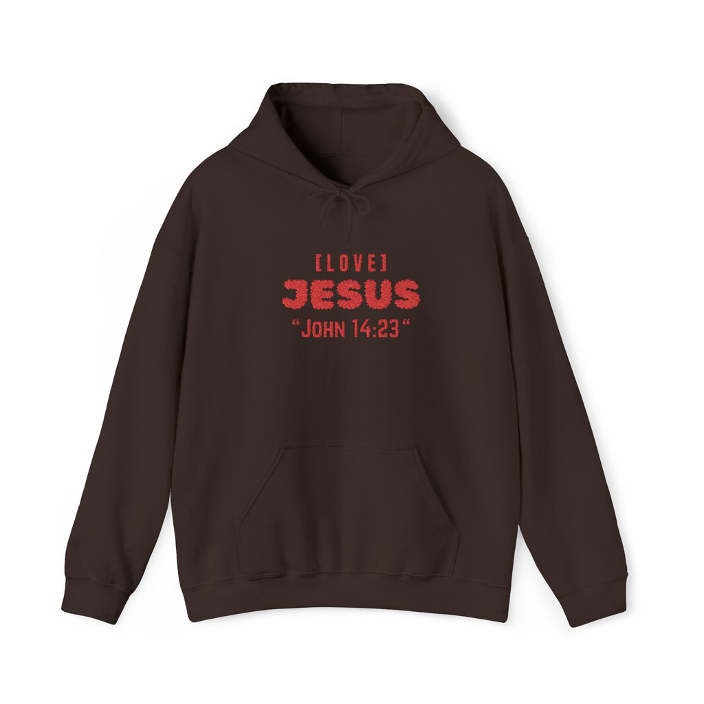 Dark brown hoodie with front pocket and red 'LOVE JESUS' text
