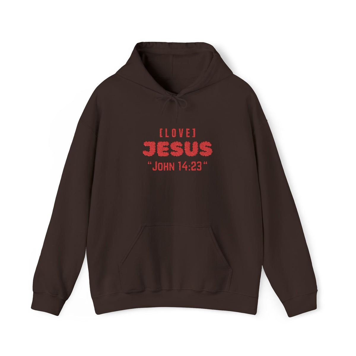 Dark brown hoodie with front pocket and red 'LOVE JESUS' text