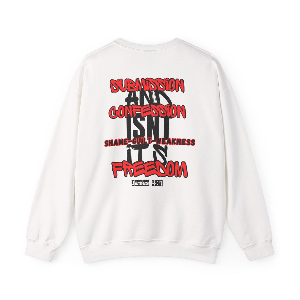White crewneck sweater with long sleeves and back text graphic