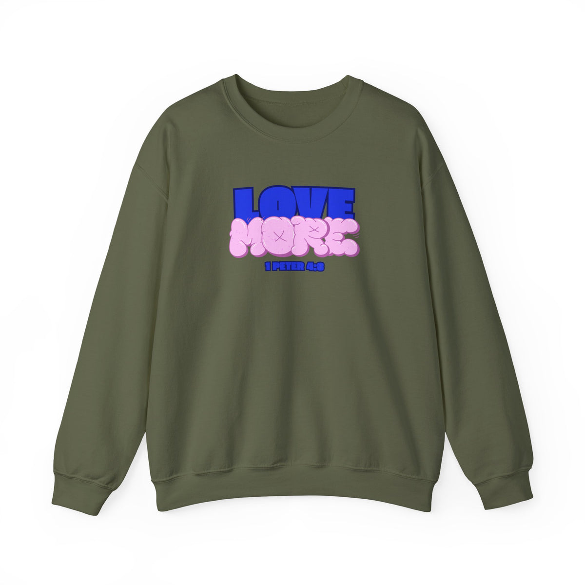 Love More sweater in military green, crewneck with blue LOVE graphic and pink plush-style shapes