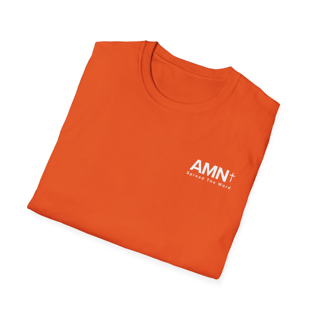 Red-orange T-shirt with small AMN+ logo on chest