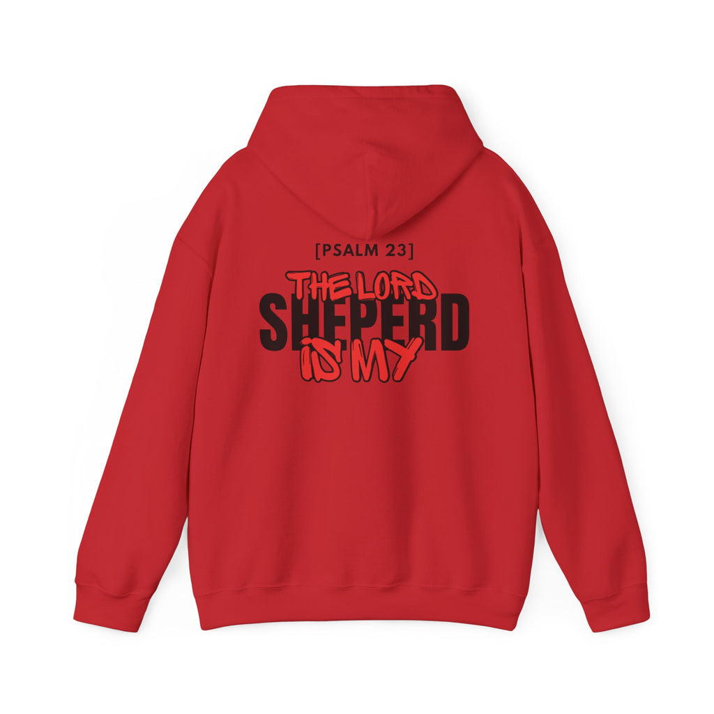 Red pullover hoodie with Psalm 23 graphic on the back