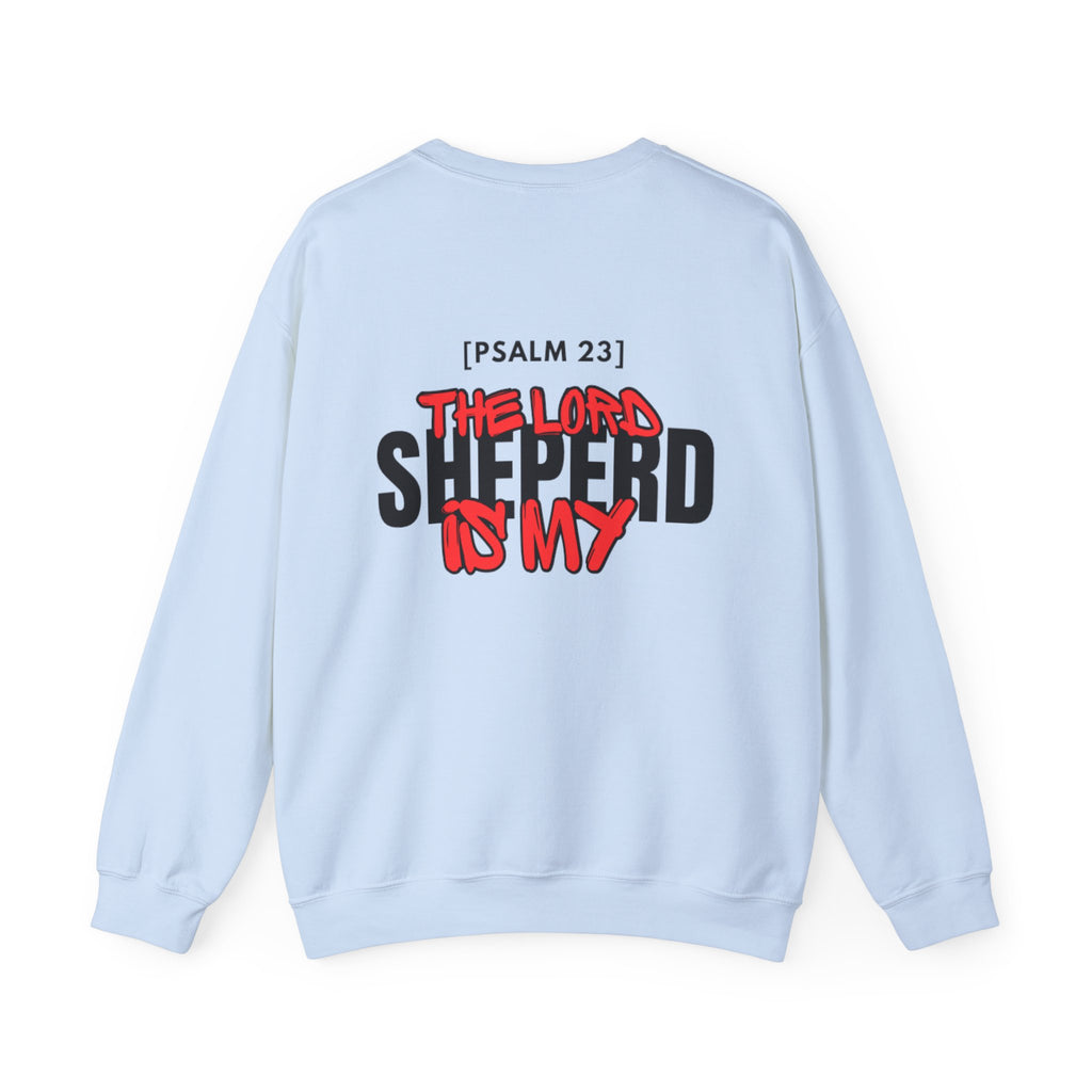 Light blue sweater with centered 'The Lord Shepherd is My' back graphic