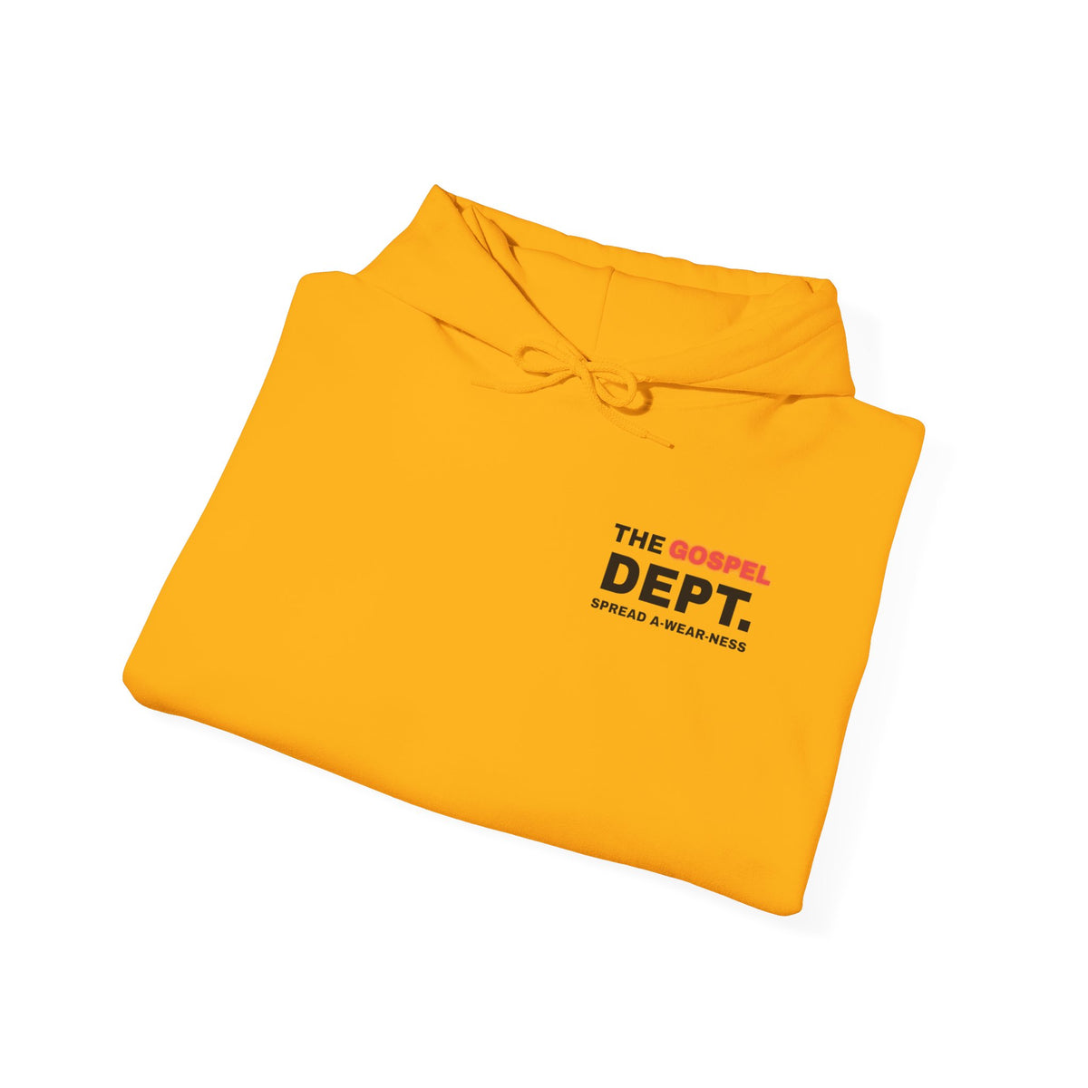 Mustard pullover hoodie with front pocket and chest logo print