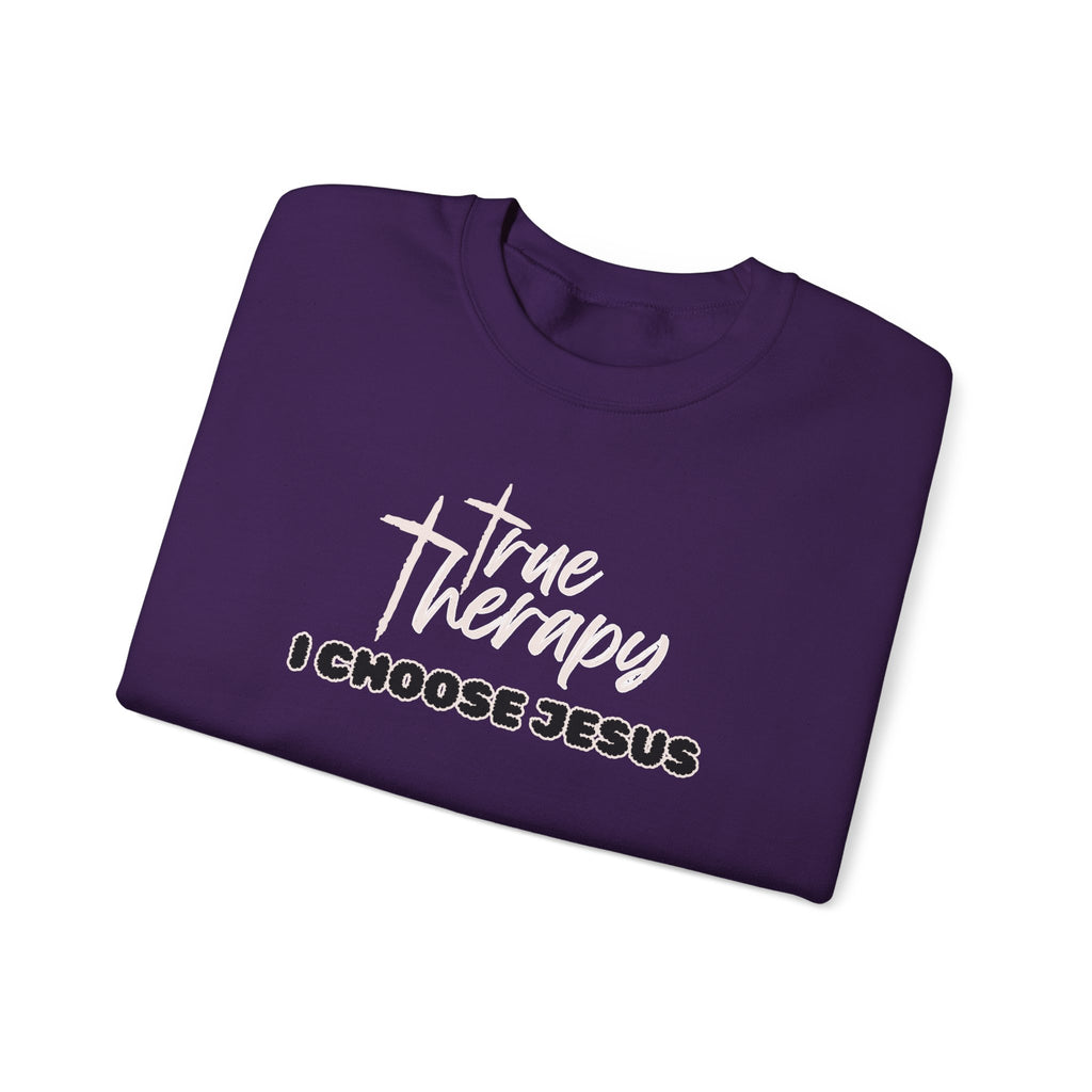 Purple crewneck sweater with white “True Therapy I CHOOSE JESUS” front graphic