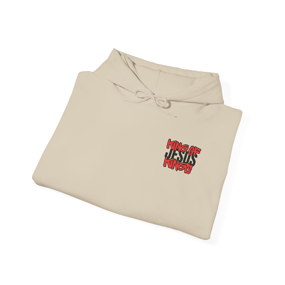 Beige hoodie sweatshirt with front chest graphic and hood drawstrings, laid flat