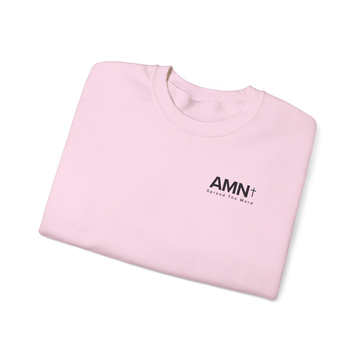 Light pink crewneck sweater with AMN+ logo at the chest
