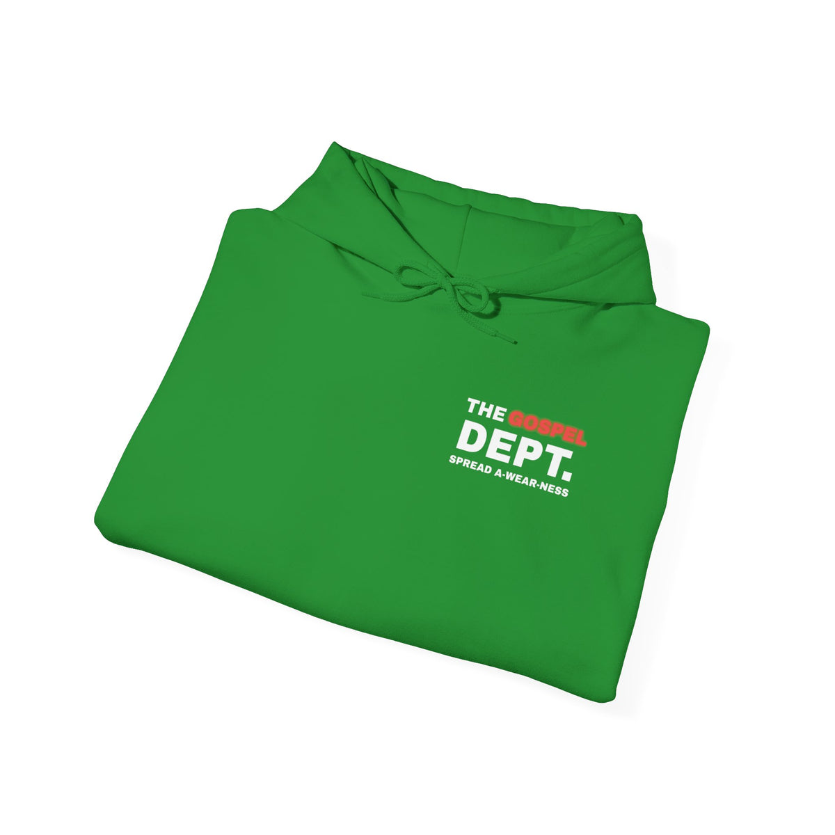 Green hoodie folded with hood, drawstring, and "THE GOSPEL DEPT" chest logo.