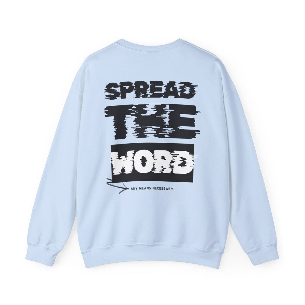 Light blue crewneck sweatshirt with large back graphic text