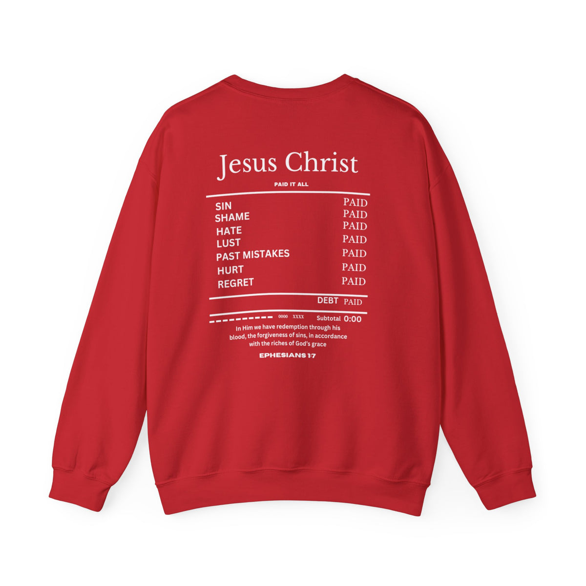 Red sweater with "Jesus Christ" text and list graphic on back