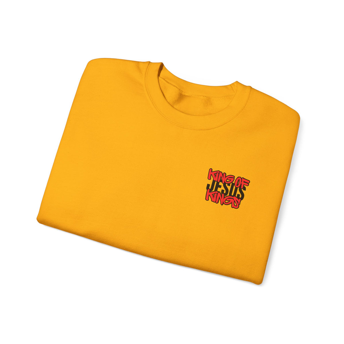 Orange crewneck sweater with small red front graphic
